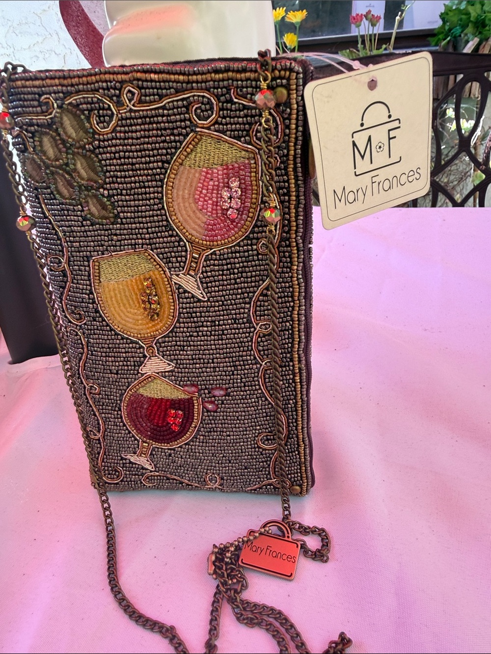 Mary Frances Beaded Crossbody Bag in Gray with Pink, Red, Gold and Tan Accents